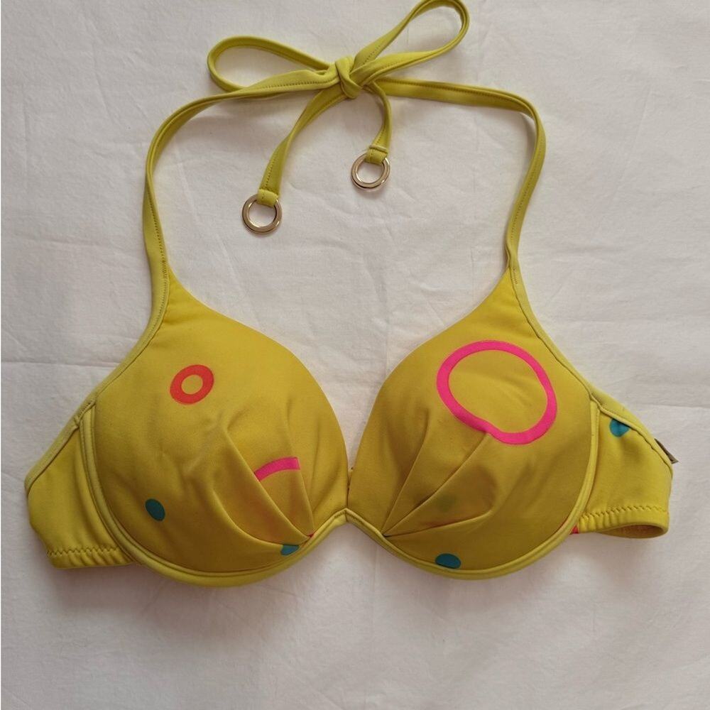 Tara Grinna Bikini Top Size S Yellow Pink Geometric Underwire Halter Swimwear